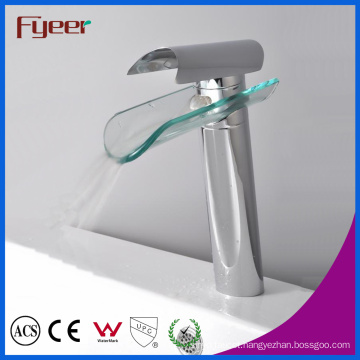 Fyeer High Body Single Handle Glass Spout Waterfall Chrome Wash Basin Faucet Water Mixer Tap